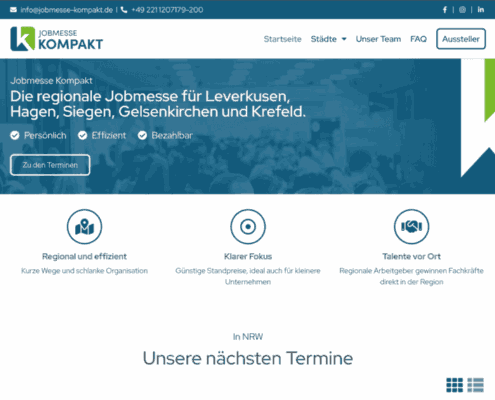 Screenshot der Startseite von jobmesse-kompakt.de mit dem Slogan 'Die regionale Jobmesse für NRW', den Kernvorteilen persönlich, effizient und bezahlbar sowie den USPs für regionale Talente und günstigen Fokus.