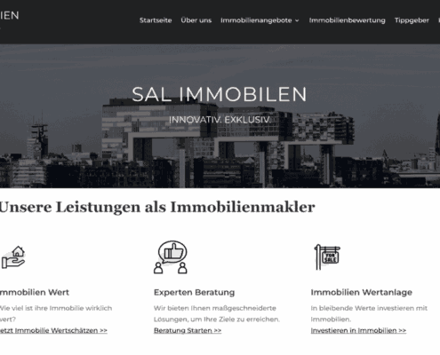 Webdesign-Referenz für SAL Immobilien: Hero-Section mit einer Skyline-Ansicht von Köln in Schwarz-Weiß, gefolgt von einem Bereich „Unsere Leistungen“ mit minimalistischen Icons für Immobilienbewertung, Beratung und Wertanlage.