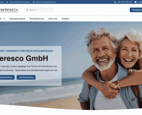 Webdesign-Referenz Seresco GmbH: Startseite mit modernem Header-Layout, Suchfunktion und emotionalem Hero-Banner für ein Sanitätshaus.